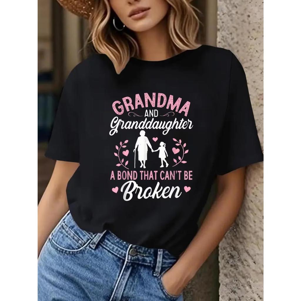 Women's Grandma & Granddaughter Matching T-Shirt - Black with Pink Crew Neck Top, Short Sleeve Casual Summer Blouse