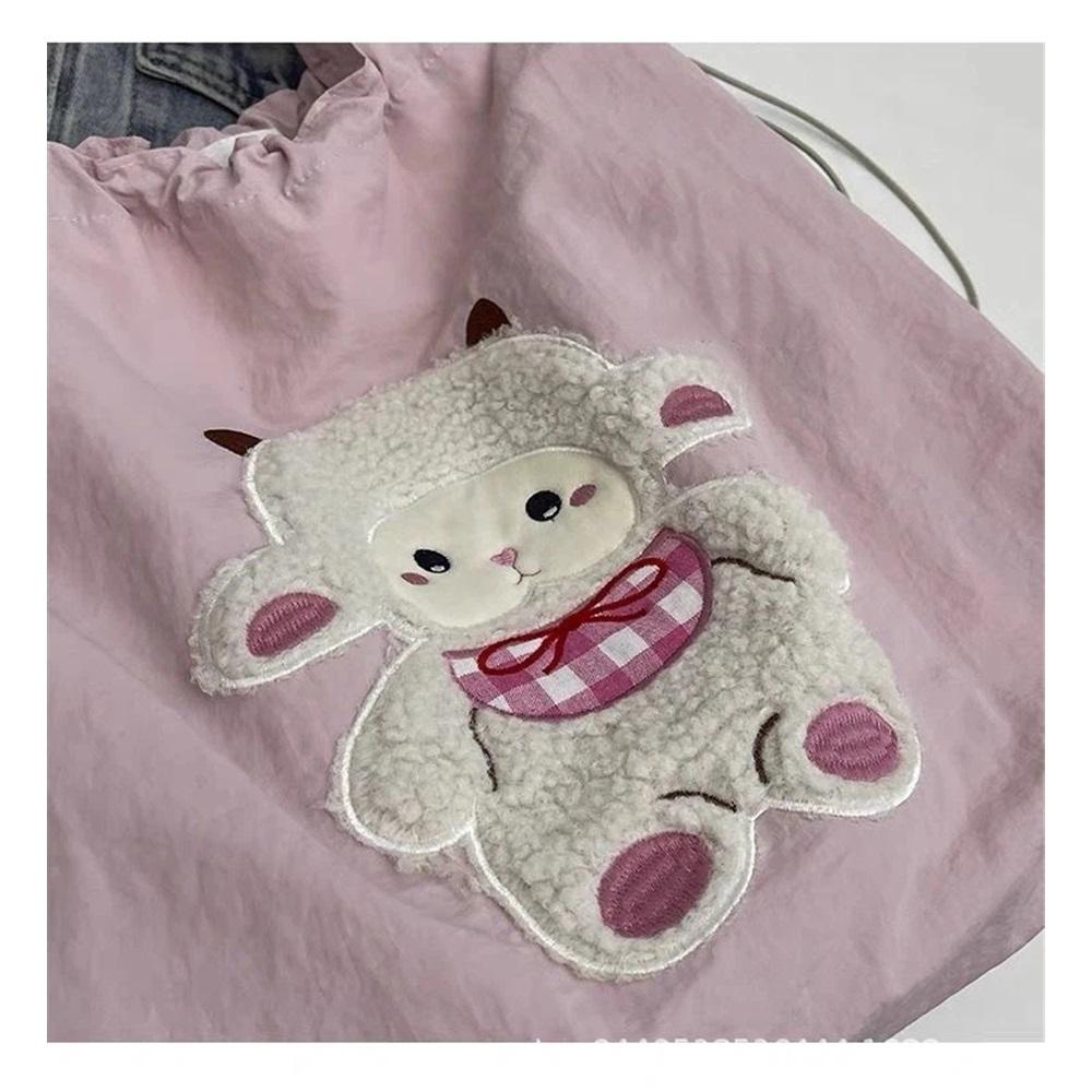 Cute Cartoon Sheep Embroidery Tote Bag Large Capacity Drawstring Shoulder Bag Casual Student Daily Commute Handbag