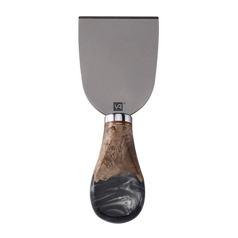 High-End Titanium Cheese Knife Set with Black Resin-Wood Handles: Knife, Fork, Spatula, and Butter Spreader.