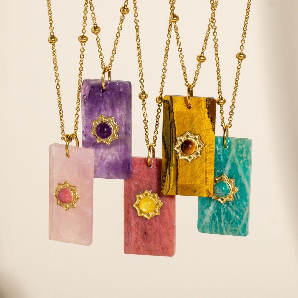 Pendant Square Neck Chain Vintage Sweater Chain Korean Chic Sun Stone Necklace  Women