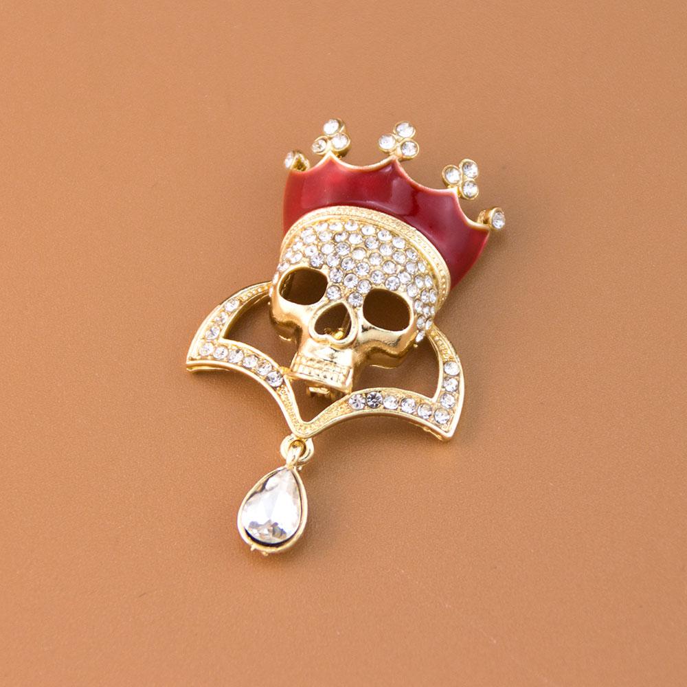 Fashion Women Skull Brooch Gold Color Rhinestone Halloween Jewelry Water Droplet Pendant Hiptop Rock Punk Hell Badge