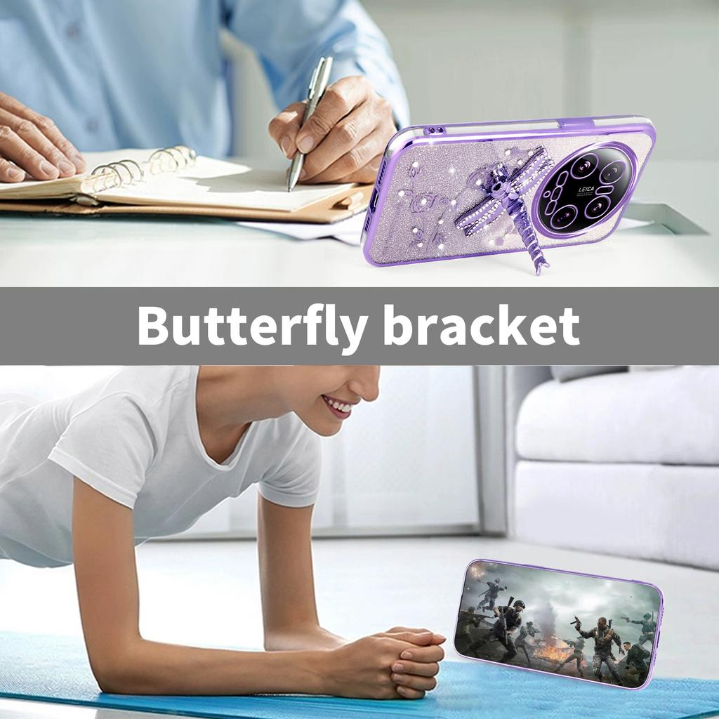 For Xiaomi 14 Ultra Case Dragonfly Kickstand TPU Flowers Glitter Phone Cover