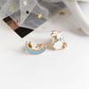 New Fashion Moon Rabbit Pearl Small Stud Earrings for Women Cute Animal Cat Moon Asymmetrical Earring Girl Party Zircon Gifts