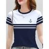T-shirt da donna stile nautico 2026 Girocollo Manica Corta Con motivo stampato di ancora Top a righe casual