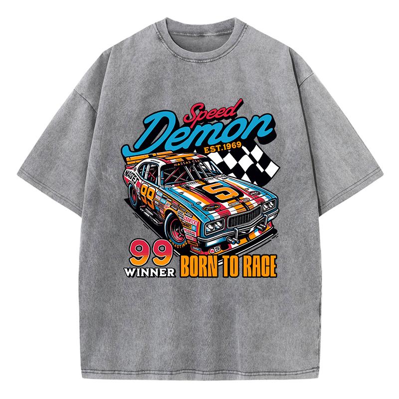 Street Woman Washed T-Shirts Speed Demon Born To Race 99 Winner Print Tee Shirts Comfortable Cotton Oversize Tops Clothes
