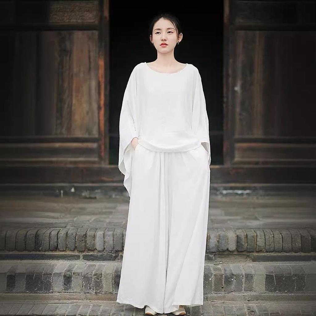 Damski Retro Cool Lniany Zestaw Top & Spodnie z Szerokimi Nogawkami - Dostępny w 3 Kolorach