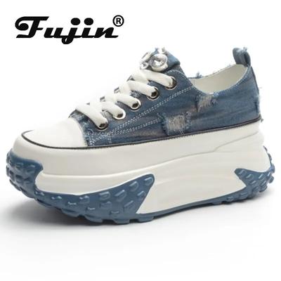 Fujin 6cm Denim Scarpe con zeppa in vera pelle con plateau Sneaker robusta Scarpe casual autunnali comode e comode con strass di alta marca