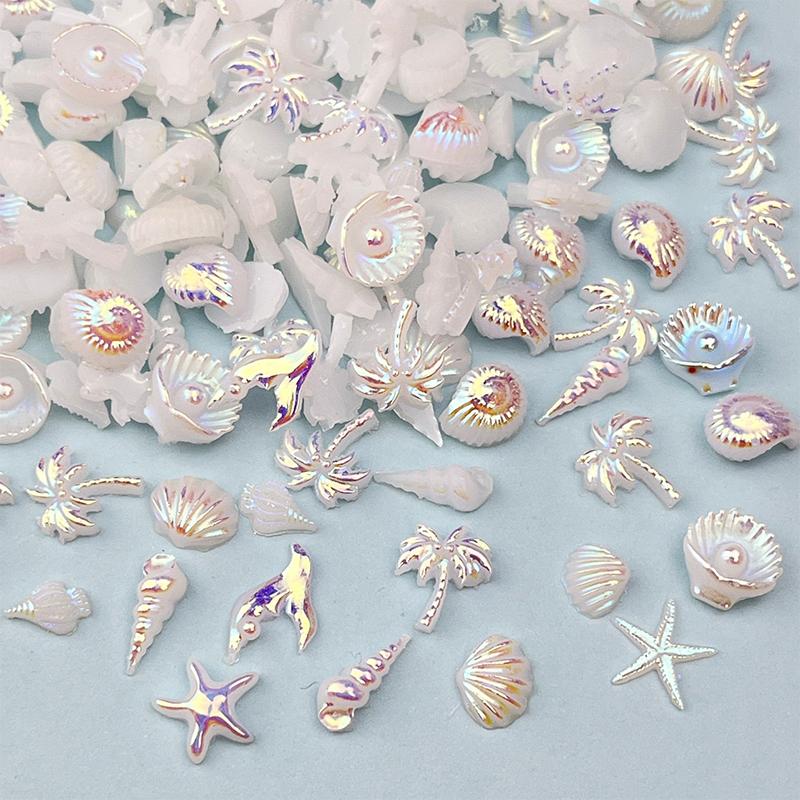50Pcs Ocean Nail Art Charms Aurora Shell Starfish Mermaid Tail Nail Art Decors Gem Beach  Ice Clear Nail Decorations