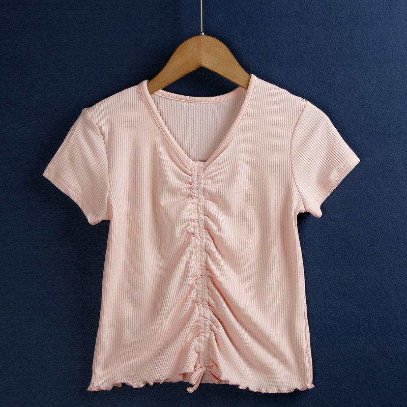 

High Elastic Drawstring Slim Knit Export Tail Shirt Pink S