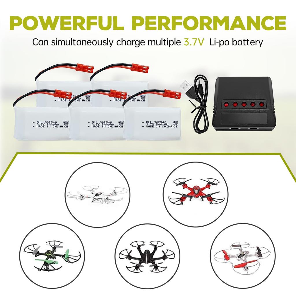 Sea Jump 5-Piece 3.7V 800mAh Lithium-Ion Remote Control Drone and 5-in-1 Charger with JST Plug Compatible with SYMA X56W, MJX X400W, X300C, X800,