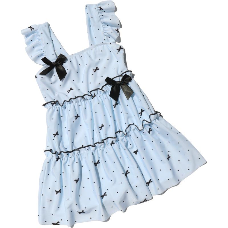 Korean-Style Polka Dot Bow Backless Halterneck Swimsuit for Toddlers and Kids