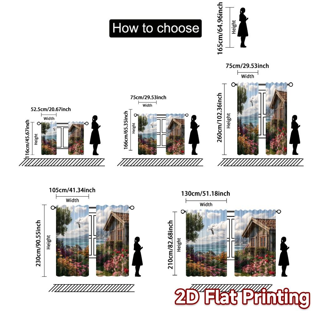 2pcs, 2D FLAT PRINTING Curtains (Without Rod) Seaside Cottage Popular Curtain Polyester Curtains Decorations Outdoor Suitable