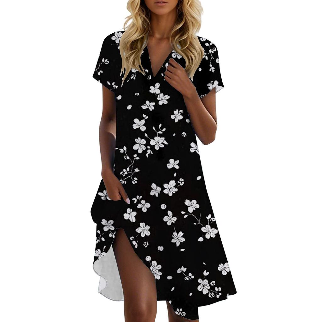 Women's Casual Fashion Stand Collar Floral Print Short Sleeve Dress