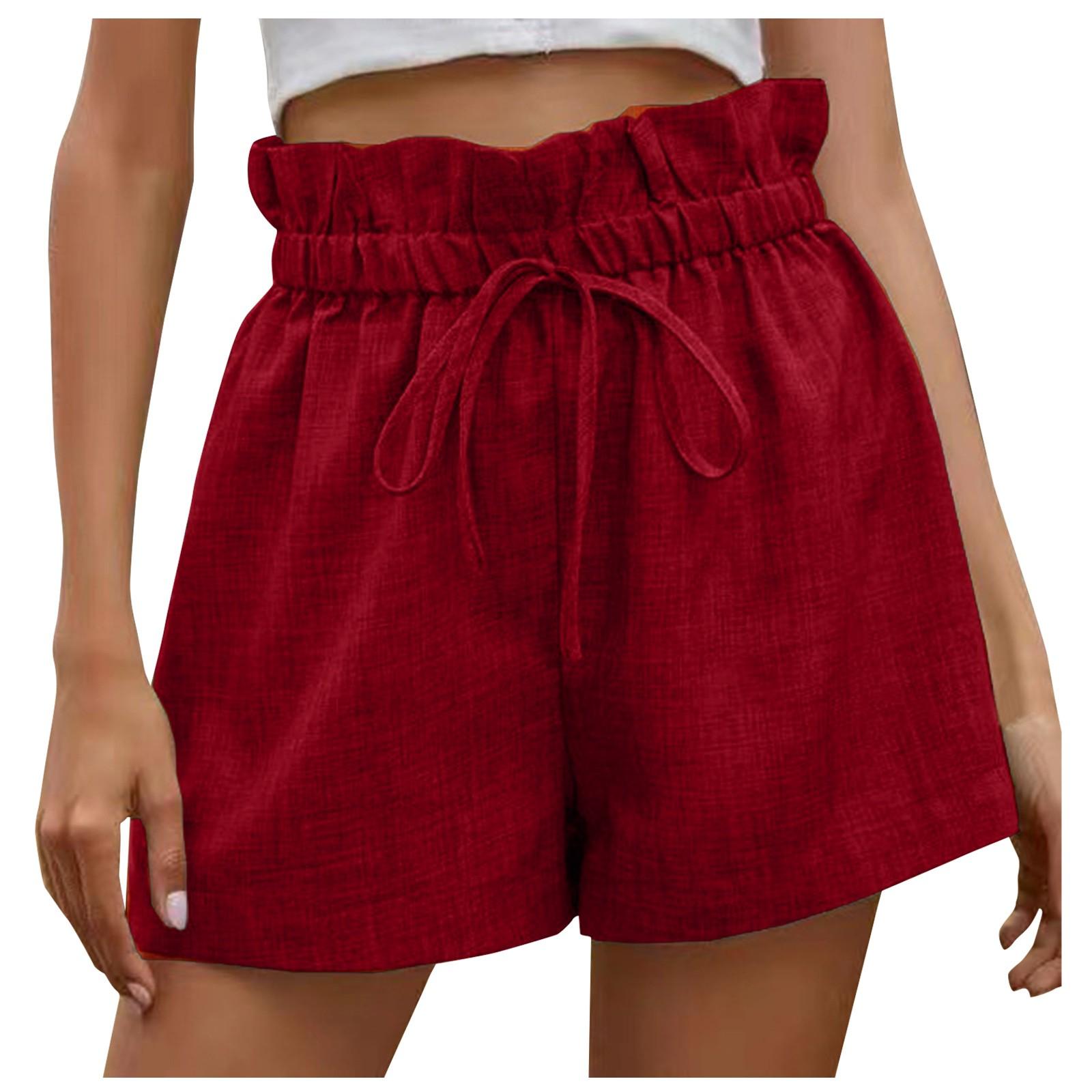 

Женские однотонные повседневные удобные шорты, летние свободные широкие брюки с высокой талией и завязками с рюшами M винный