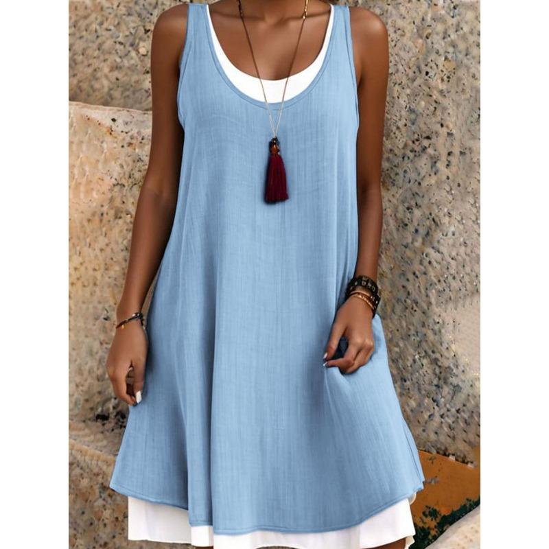 TIFICY Damenmode Sommer Frühling Einfarbig Druck Ärmellos U-Ausschnitt Lockere Taille Freizeitkleider