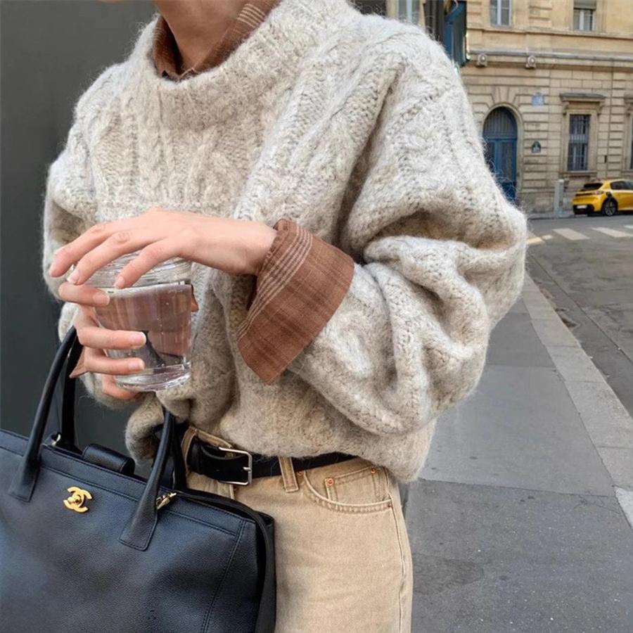 Chunky Knit Chunky Yarn Twisted Sweater Women's Outerwear Autumn Winter New Style Retro Lazy Style Loose Crew Neck Knit Top