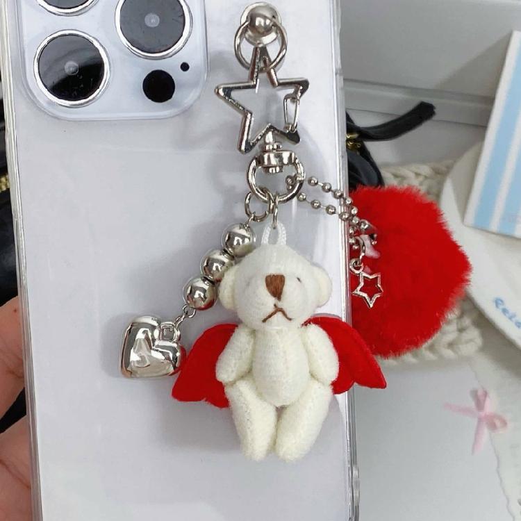 Pompoms Adorned Bear Keyring Plush Animal Keychain Pendant Handmade Phone Charm Unique Gift for Children and Teens
