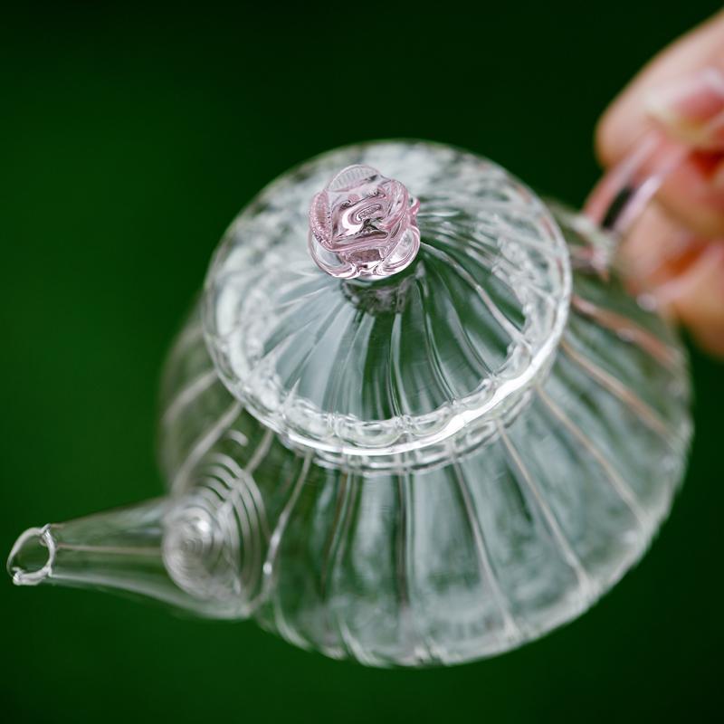 Heat Glass Flower Tea Pot Hand Blown Teapot with Infuser Large Capacity Kettle for Brewing Rose Herbal Loose Leaf Tea