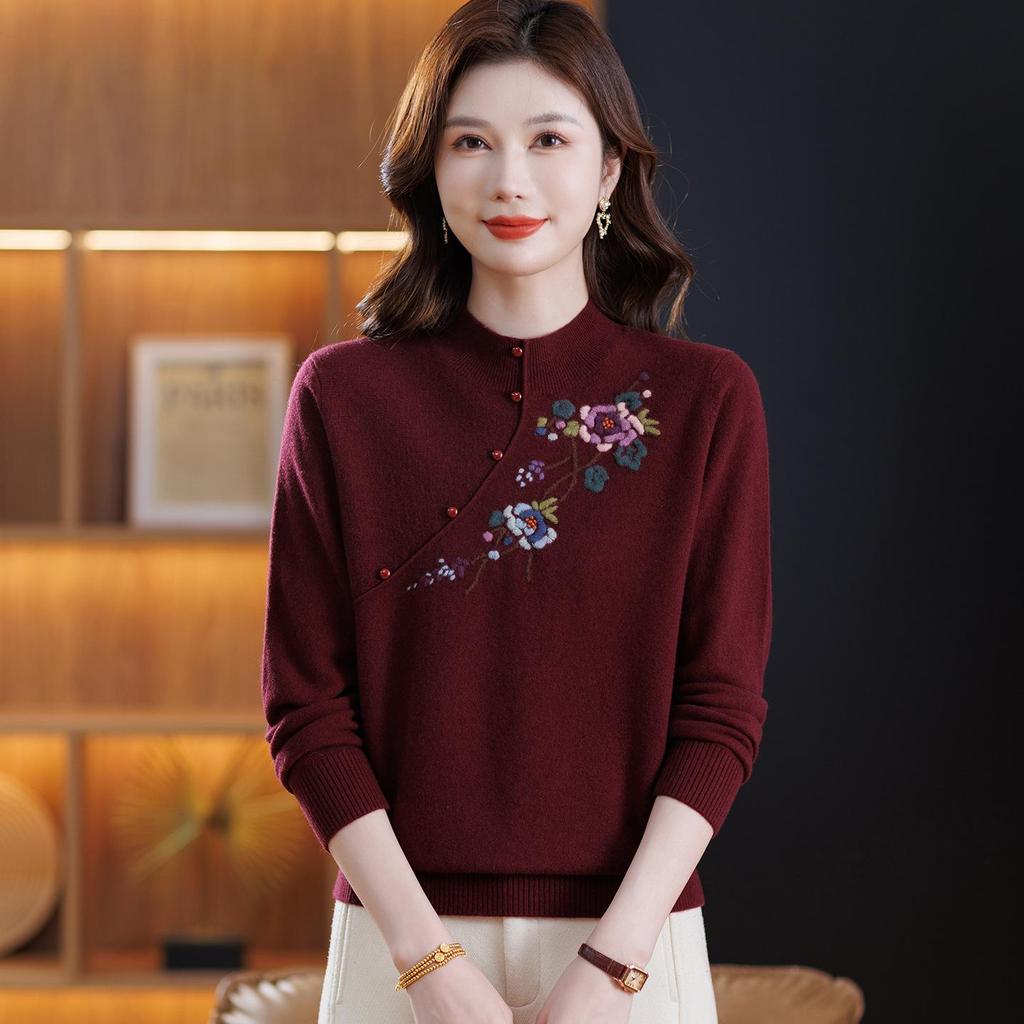 Elegant 100% Wool Embroidered Sweater - Women's Autumn/Winter Half-High Neck Top