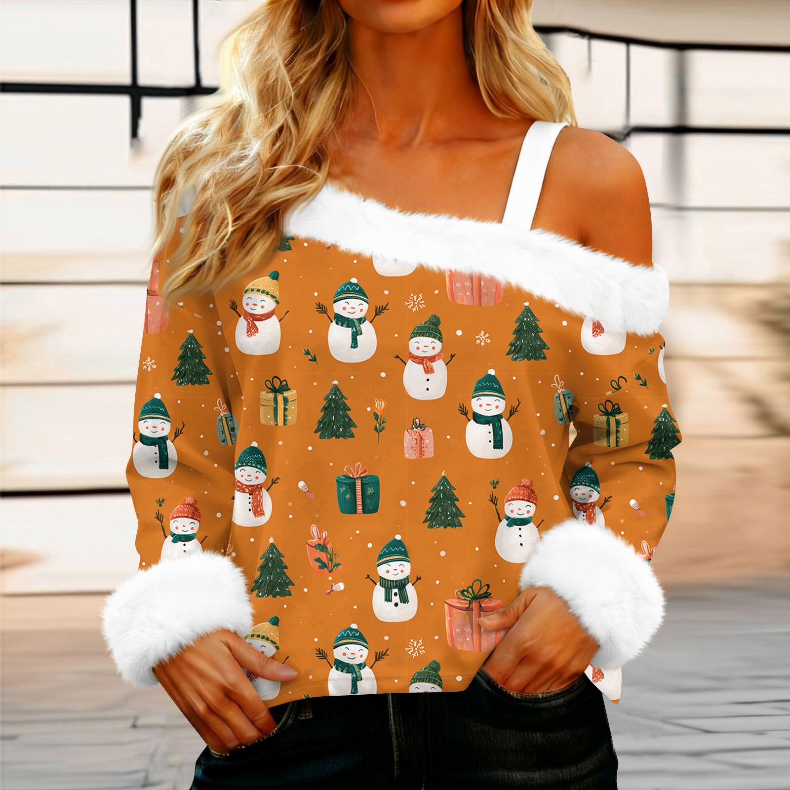 

Женская повседневная модная сексуальная футболка с открытыми плечами, рождественским узором, длинным рукавом и круглым вырезом S оранжевый