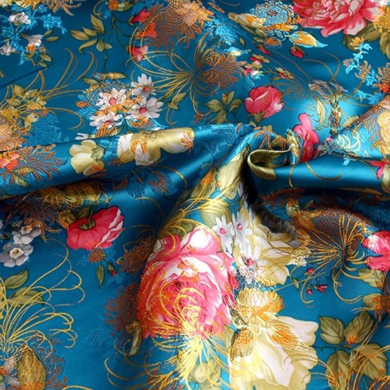 100x70cm Brocade Jacquard Silk Fabric DIY Ancient Costume Hanfu Tang Costume and Cheongsam Is Golden Thread Peony