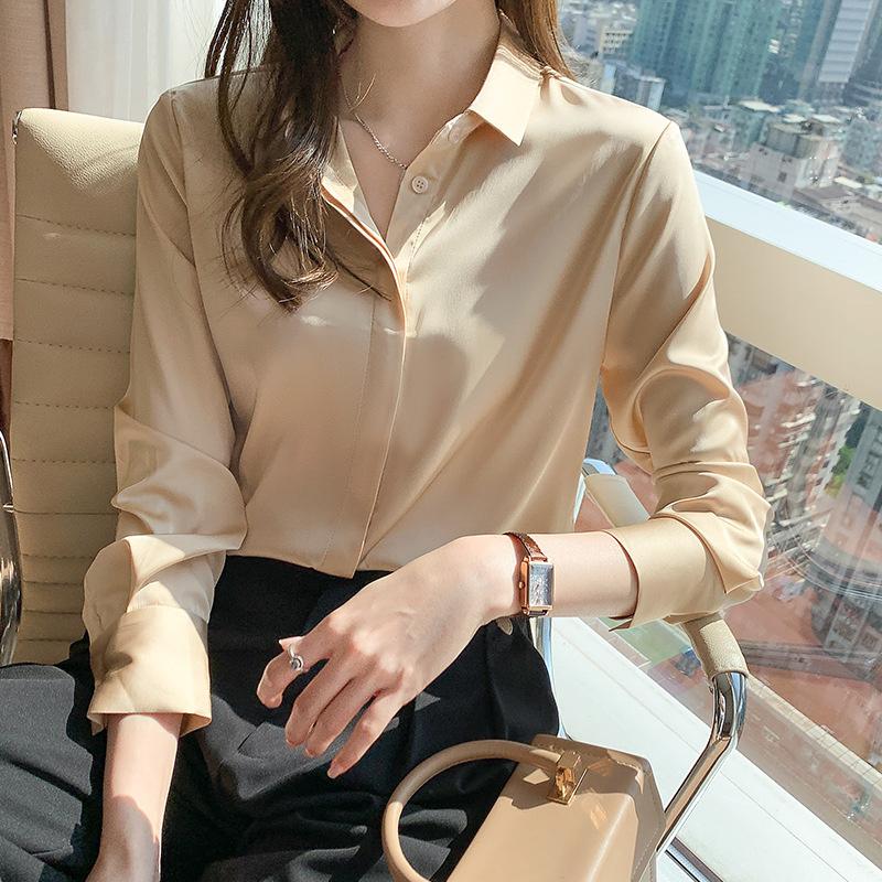 2026 Spring New Satin Long-Sleeve Shirt for Women, Elegant Chiffon Blouse, Ladies' Casual Solid Color Top