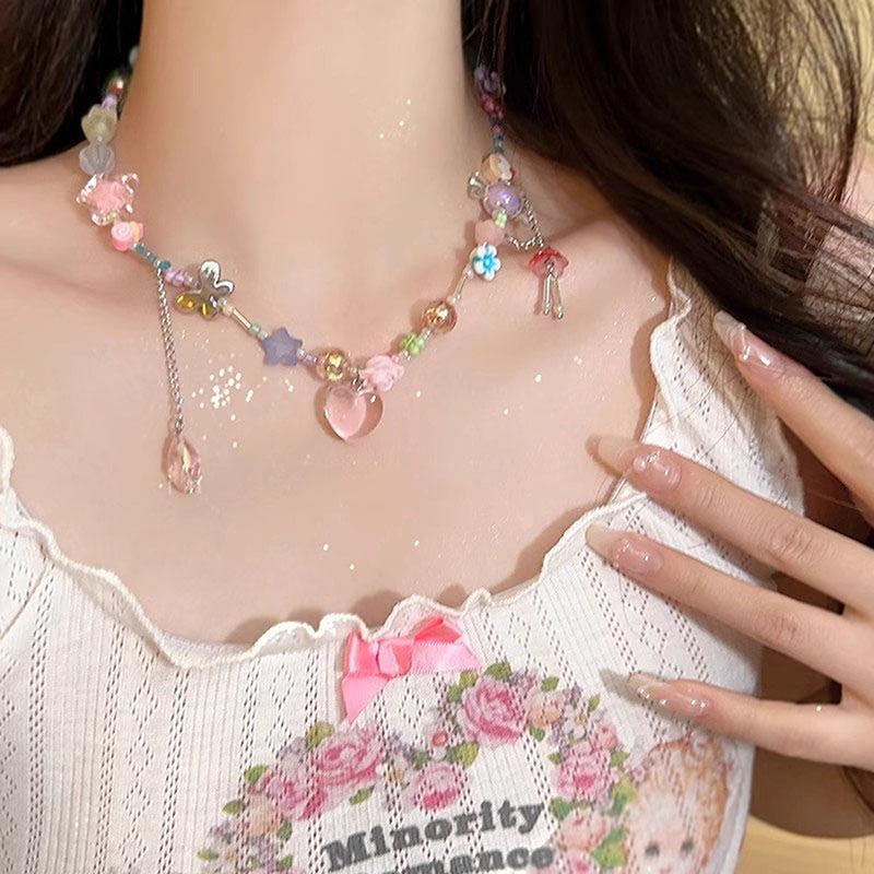 Y2K Heart Butterfly Přívěsek Choker náhrdelník Barevný korálkový řetízek klíční kosti pro ženy Dívka Punk Sladký estetický párty šperk