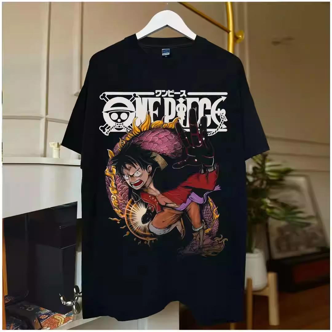 

ONE PIECE Luffy Short-sleeved T-shirt Heavy Pure Cotton Printing Loose Retro American Street Men and Women The Same Ins S