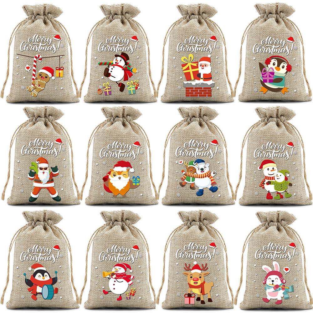 12pcs Christmas Linen Drawstring Bag Drawstring Bag Gift Bag Cloth Bag Christmas Gift Bag Set Drawstring Bag