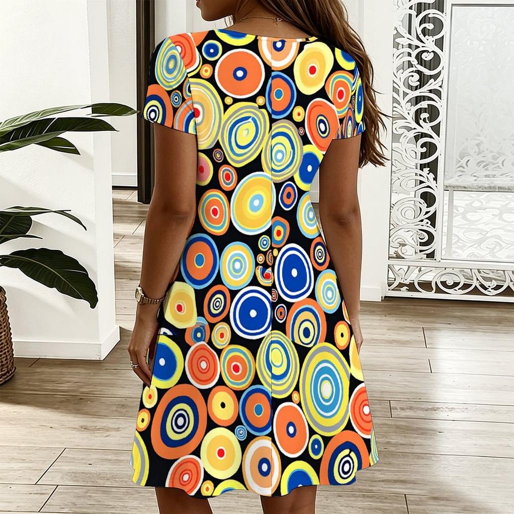 Oversized Women V Neck Short Sleeve Dress Ethnic Flower Printed Flowy Dress For Village Tour And Daily Commute