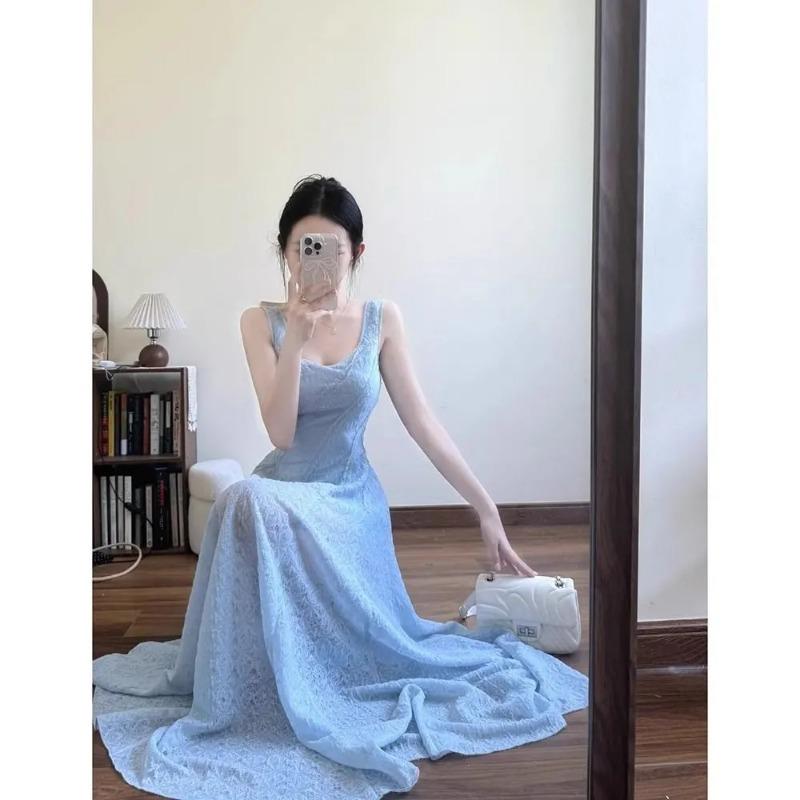 Women's Elegant Light Blue Maxi Spaghetti Strap A-Line Evening Party Dress