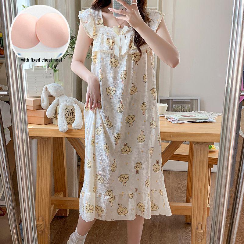 Women's Summer Woven Cotton Camisole Nightgown with Built-in Bra - Princess Style Loungewear & Outdoor Mid-Length Skirt