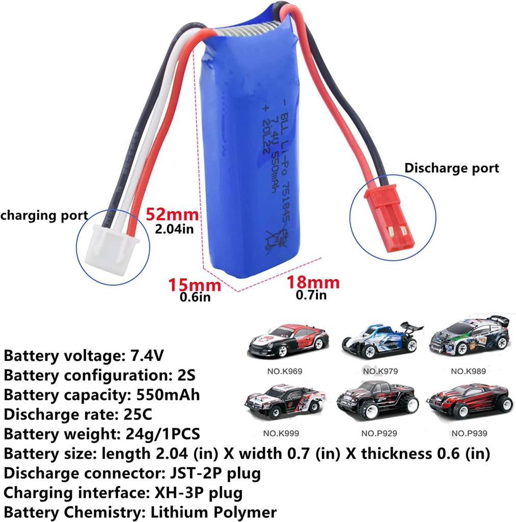 7.4V 550mAh 751845 Lithium Battery for Wltoys K969 K979 K989 K999 P929 P939 | High Capacity, Long Runtime | Safe & RC-Compatible, Blue