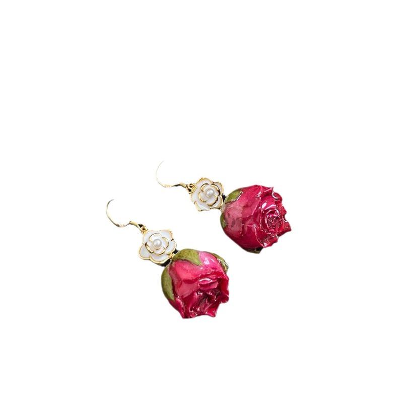 Orecchino Fiore Fiore Naturale. Orecchino Fiore di Rosa Fatto a Mano. Stile retrò, orecchini versatili con frange.