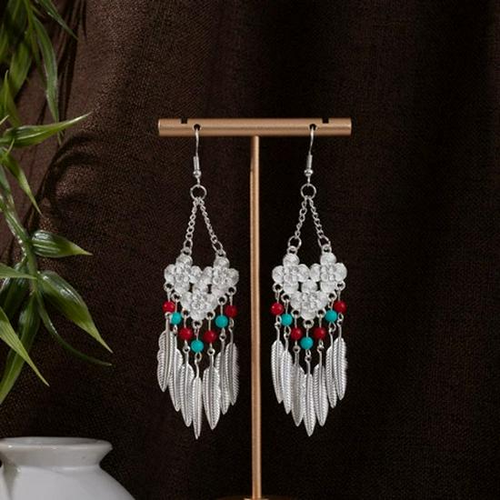 Peacock Tassel Earrings with Hollow Leaf Design in Retro Ethnic Style Imitation Silver for Women