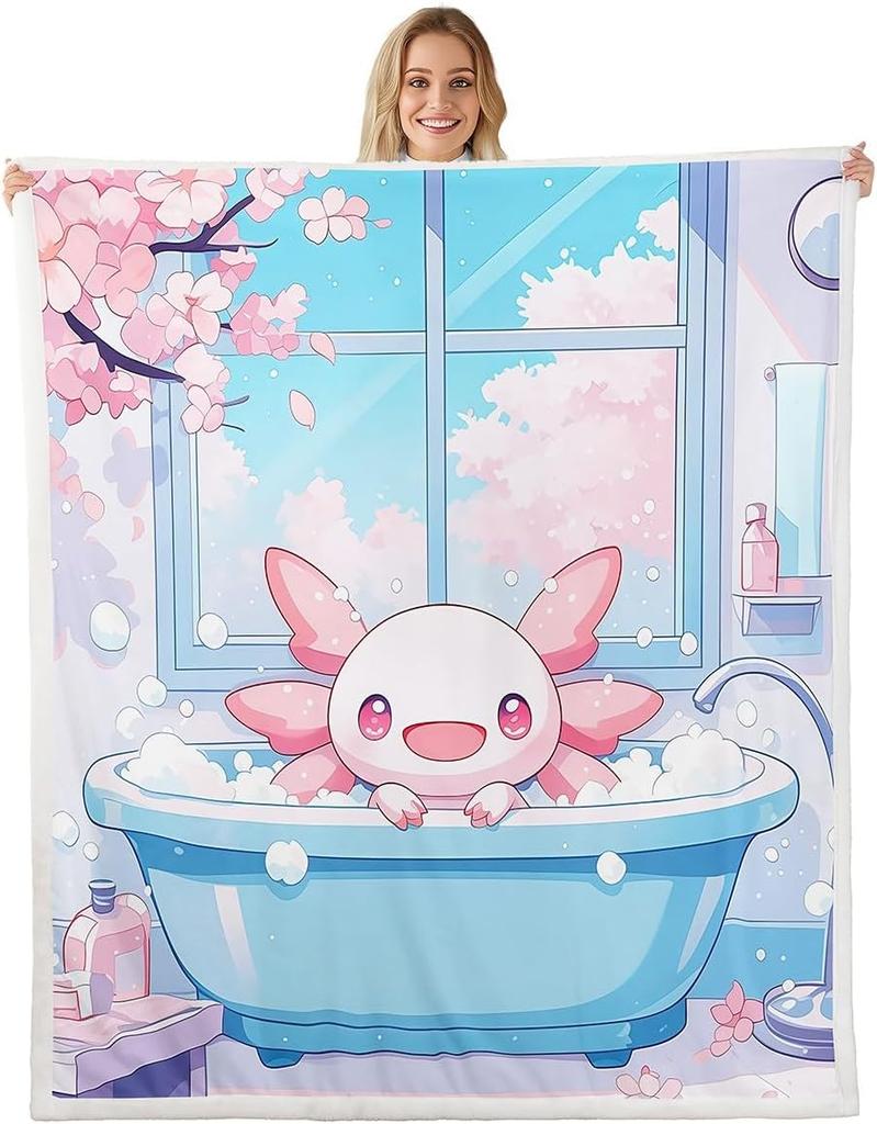 Cute Pink Axolotl Blanket Soft Fleece Throw Cherry Blossom Design Fantasy Art Kids Room Decor