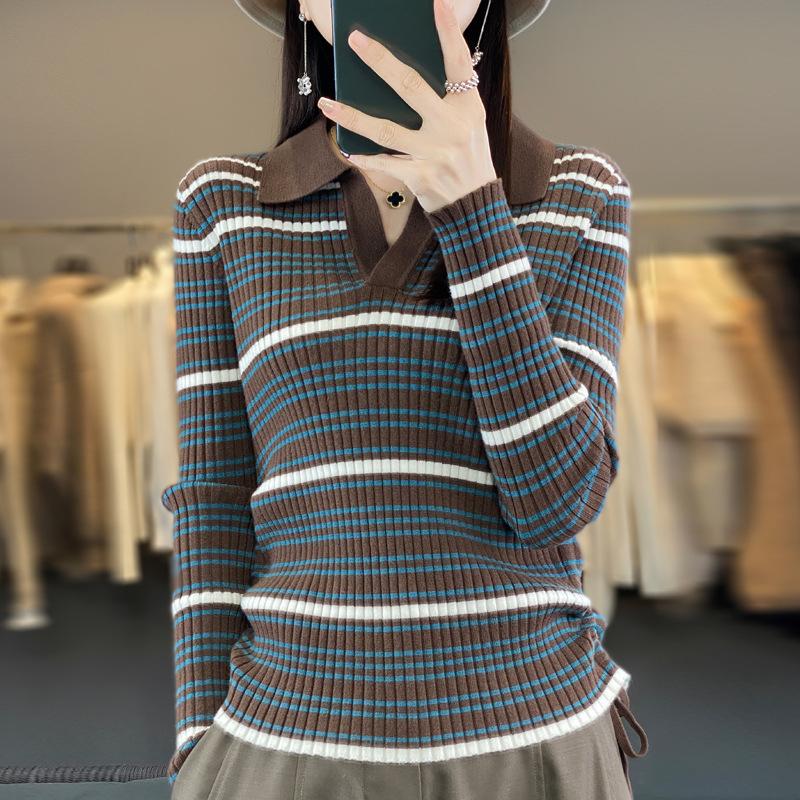 

INDFS Женская мода повседневная осень-зима полосатый принт длинный рукав поло воротник свитера XXL темно-коричневого