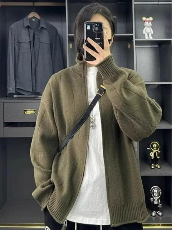 

Модный фиолетовый вязаный кардиган: Универсальный, Теплый, Стойка-воротник для Весны и Осени - Повседневный Свитер Унисекс M тил зеленый