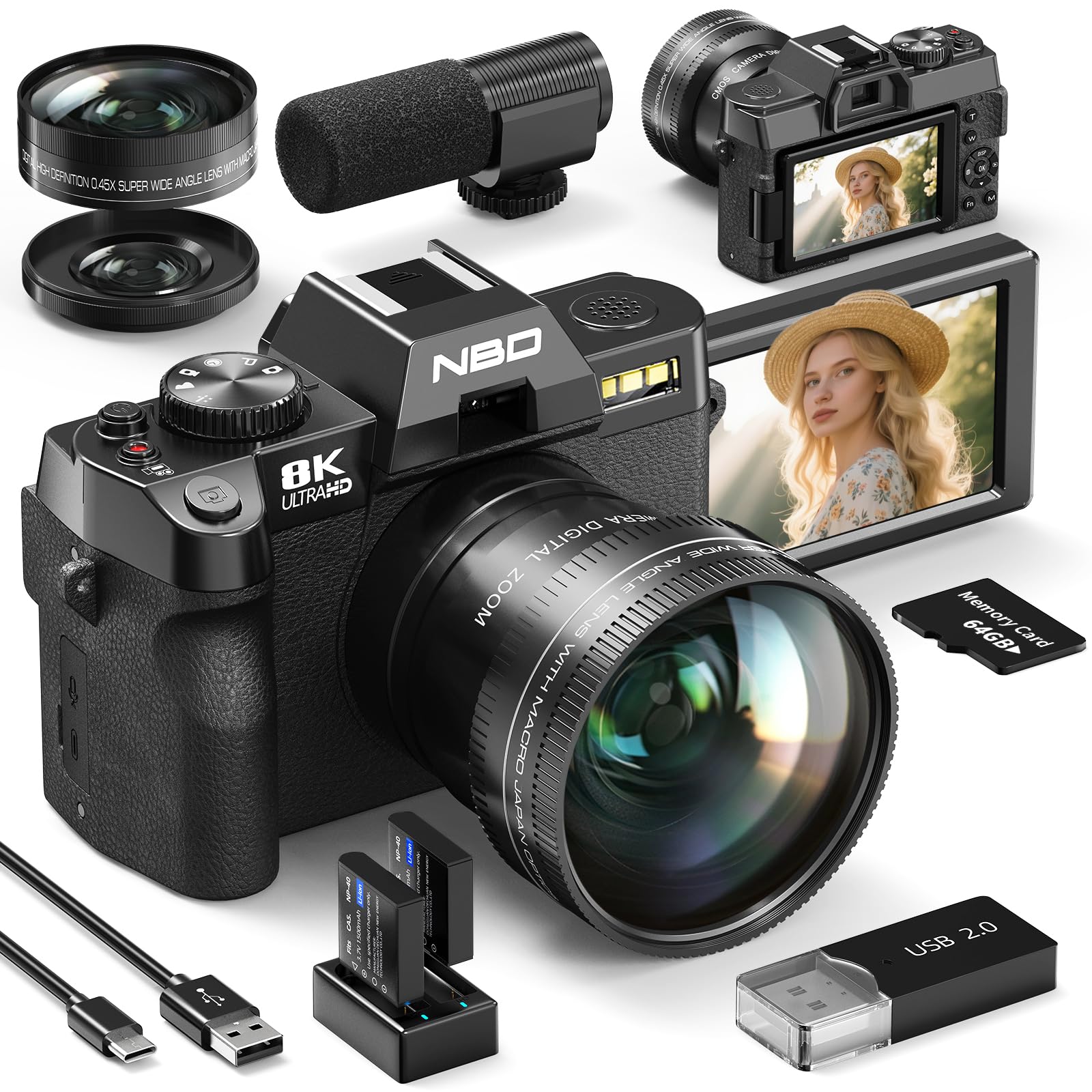 

Цифрова камера NBD 8K 64MP [Wi-Fi та керування через додаток] 16x зум дзеркальна камера з екраном, що повертається на 180° Автофокус, стабілізація зображення Макро + Ширококутна
