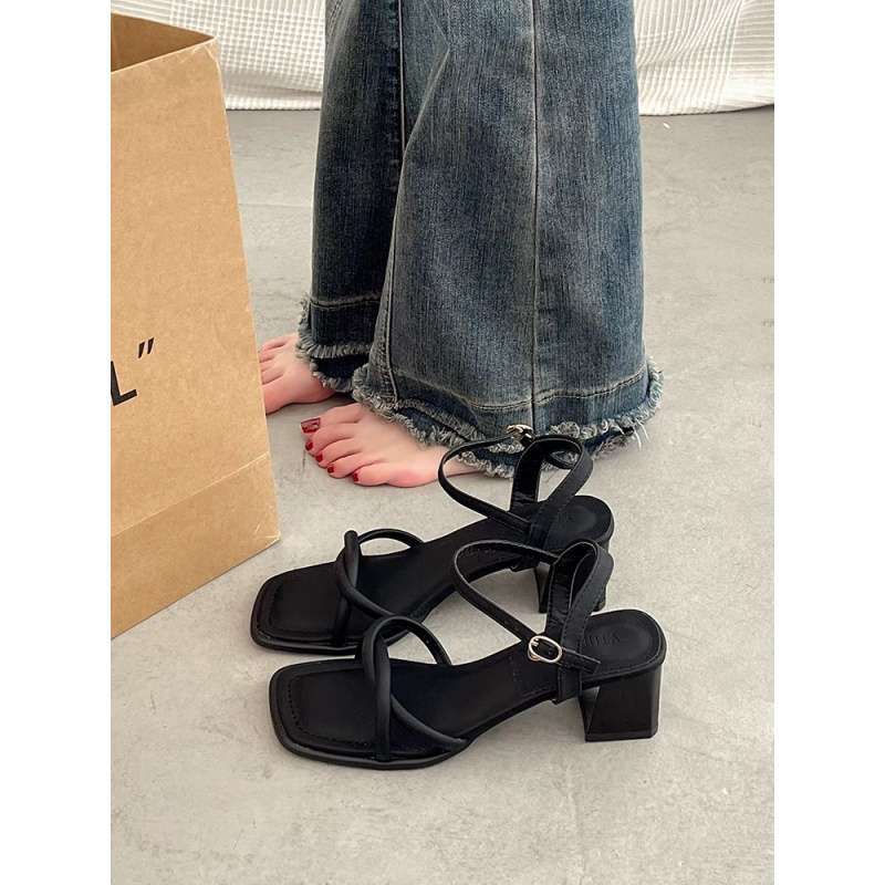 Black Word with Sandals Femininity 2025 New Summer Super Fairy Fashion Versatile Thick High Heel Shoes Summer
