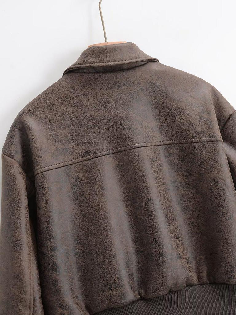 Women's 2025 Autumn Stylish Faux Leather Pilot Jacket with Large Pocket Detail