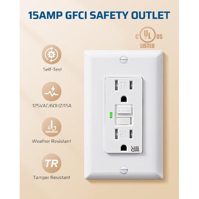 DEWENWILS 2 Pack 15 Amp GFCI Outlet, Self-Test GFI Receptacles with LED Indicator, Tamper Resistant & Weather Resistant, Wallplate and Screws