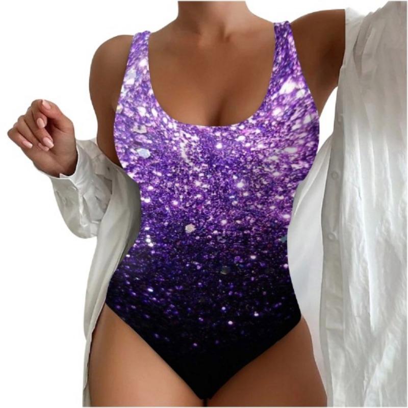 Женский цельный купальник с принтом мандалы и полоски, зеленый, с U-образным вырезом, на широких бретелях S фиолетовый