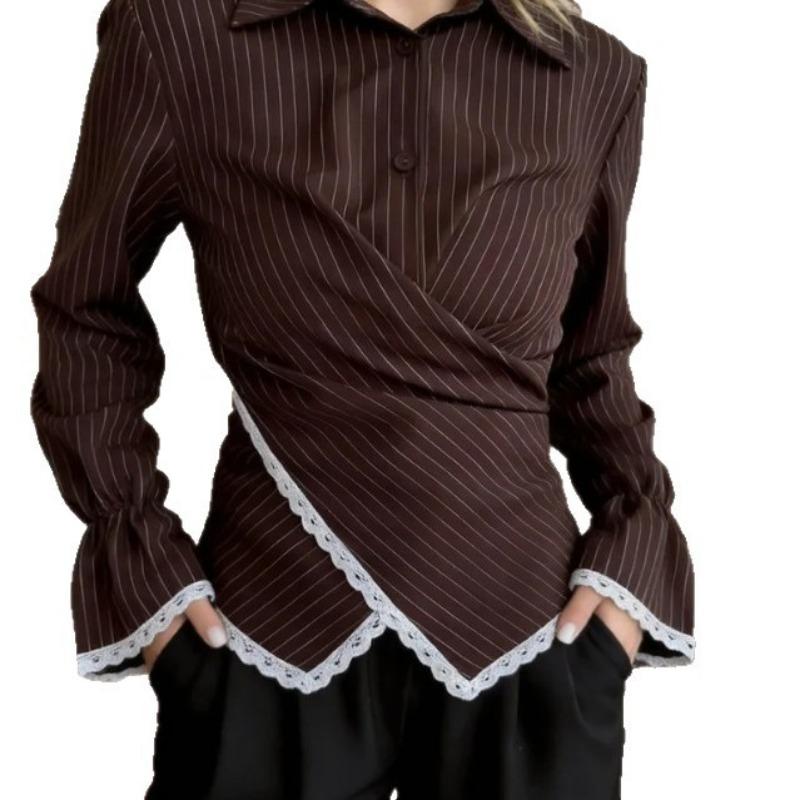 Women S Striped Long Sleeve Shirt Cross Design Elegant Blouse