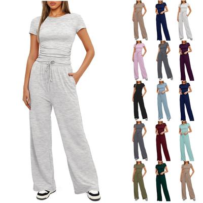 Women 2 Piece Outfits Sets Summer Short Sleeve Ruched Tops And Wide Leg Pants Tracksuit Matching Outfits