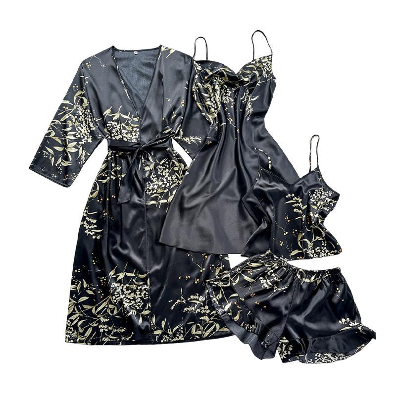European and American style sexy V-neck ice silk suspender skirt homewear multi-piece set summer women's large-size pajamas set