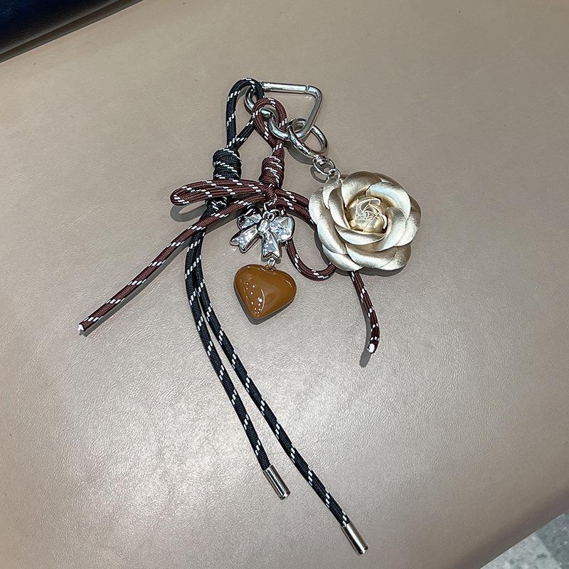 Korean Style Camellia Hand-Woven Heart Keyring Charm