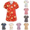 Haut de travail pour femme à col en V et manches courtes avec poches Imprimé animal Uniforme professionnel Chemise de travail pour le personnel de santé et de soins
