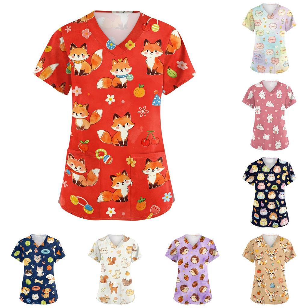 Damen V-Ausschnitt Kurzarm Arbeits-Top mit Taschen Tierprint Professionelle Uniform Pflegekittel für medizinisches und Pflegepersonal