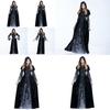 Stylish Halloween Skeleton Print Witch Vampire Costume For Women With Hooded Cloak And Skirt